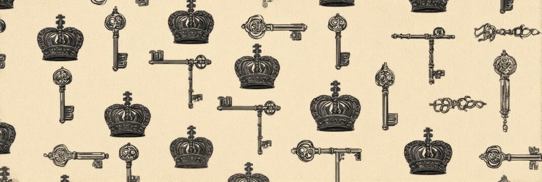 Pattern Featuring Keys and Papal Tiara Design on a Beige Background Showcasing an Elegant and Historical Aesthetic Suitable for Various Uses
