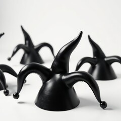 Several simple black jester hats neatly arranged on a pristine white background , monochrome, still life