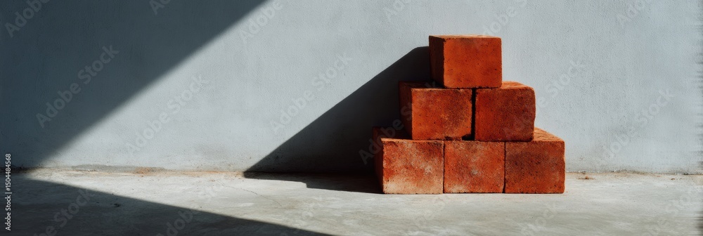 Fototapete Stack of Red Bricks Casting Shadows on a Clean Concrete Surface, Showcasing the Texture and Warmth of the Building Materials