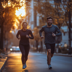 Couple jogging in the park on an early morning city street. With blurred sunrise and tree background