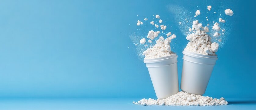 Flour explosion in disposable cups on blue background