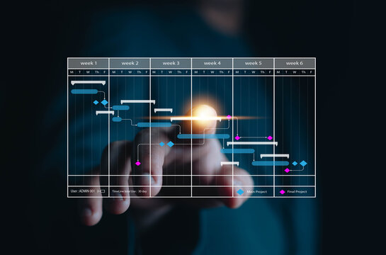 managing milestones on a timeline Gantt chart in technology online. concept of project planner in software, schedule plan management work update, and workflow. project, business, plan, schedule,	
