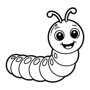 Cute inchworm with smile Coloring Page, Silhouette, Vector, Illustration, Icon, Logo, White Background.