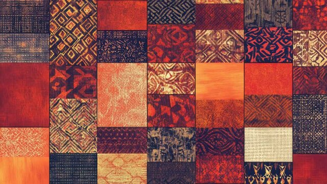 A colorful patchwork wall with various patterns and textures