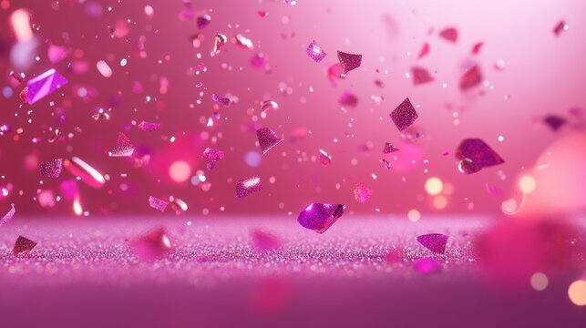 Vibrant pink shards and glitter floating in air