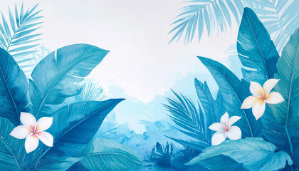 Lush botanical illustration of tropical leaves and flowers