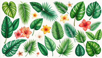 Lush botanical illustration of tropical leaves and flowers
