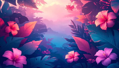 Lush botanical illustration of tropical leaves and flowers