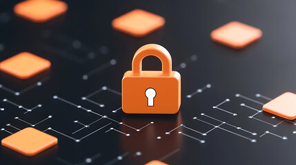 Digital Security Lock: A vibrant, stylized orange padlock against a network backdrop symbolizes data protection and cybersecurity in a modern, tech-focused design.