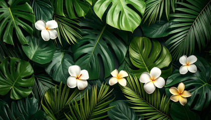 Lush botanical illustration of tropical leaves and flowers