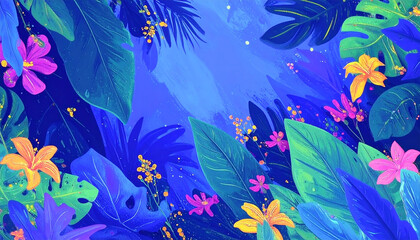 Lush botanical illustration of tropical leaves and flowers