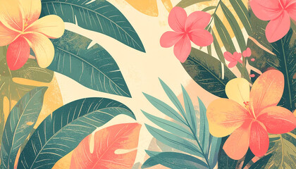 Fototapeta premium Lush botanical illustration of tropical leaves and flowers