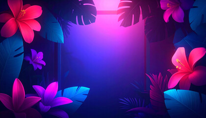 Lush botanical illustration of tropical leaves and flowers