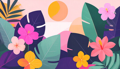 Lush botanical illustration of tropical leaves and flowers