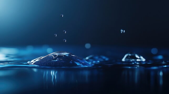 Water droplets splashing on a dark surface in blue light