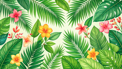 Lush botanical illustration of tropical leaves and flowers