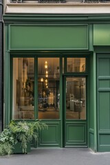 The enchanting green storefront boasts a sophisticated design and a warm, welcoming atmosphere, perfectly capturing the essence of a Parisian street in the enchanting early evening hours