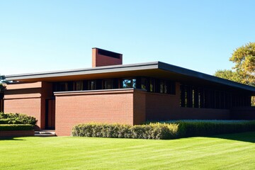 Modern architectural design of a brick house under clear blue sky surrounded by lush greenery in a tranquil neighborhood