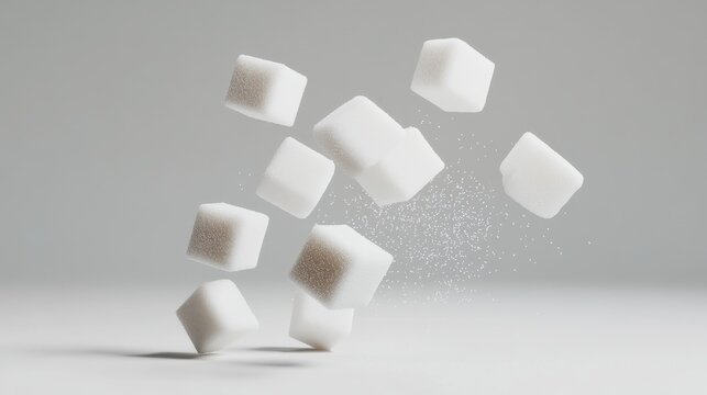 Sugar cubes falling gracefully in midair with dust particles