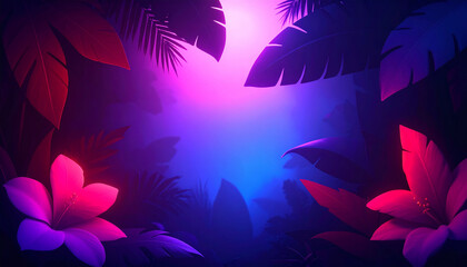 Lush botanical illustration of tropical leaves and flowers