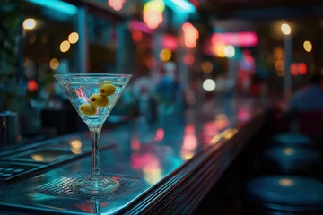 Martini glass and olives shimmer under neon lights in late-night diner