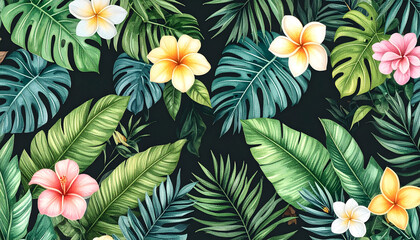 Lush botanical illustration of tropical leaves and flowers