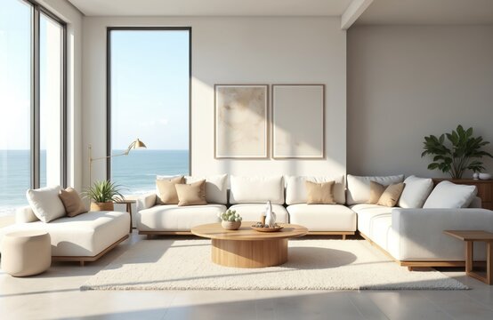 Modern living room with white sofa, beach view. Minimalist home design with large windows, ocean view. Comfortable, stylish interior with plants. Elegant, cozy apartment, coastal decor.