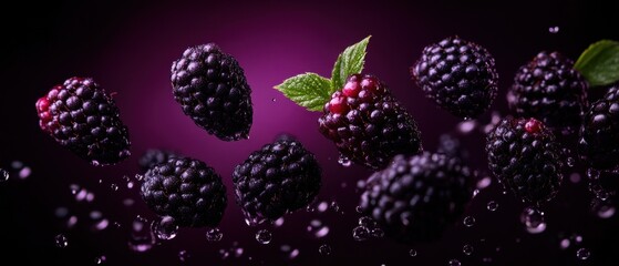 Fresh blackberries with water droplets against vibrant purple background