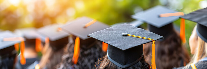 A line of graduates in caps and gowns, facing away from the camera, during a graduation ceremony. This image is perfect for celebrating achievements and new beginnings.