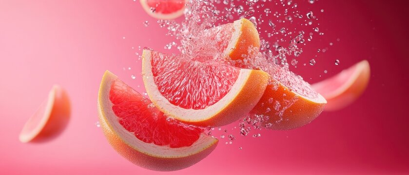 Refreshing grapefruit slices with splashing water on pink background
