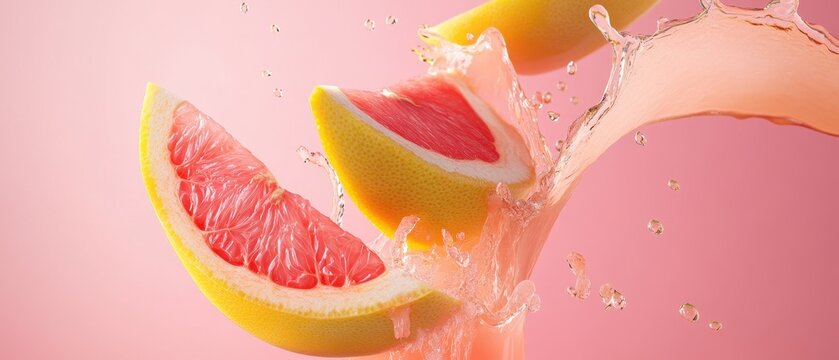 Refreshing grapefruit splash with juicy citrus slices on pink background