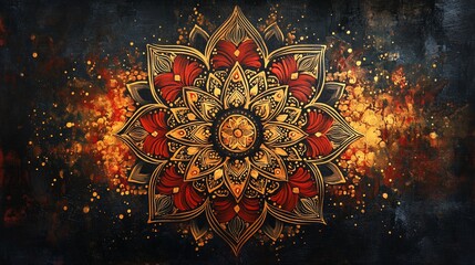 Detailed mandala with red and gold hues on dark textured background with bokeh effect