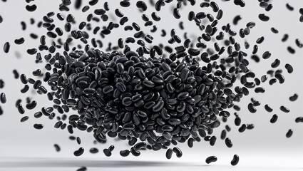 Floating Black Beans on White Background