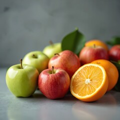 Fresh fruit arrangement. Green red apples and oranges arranged. Slice orange shows inner structure. Healthy diet, summer vitamins, natural food background. Freshness.