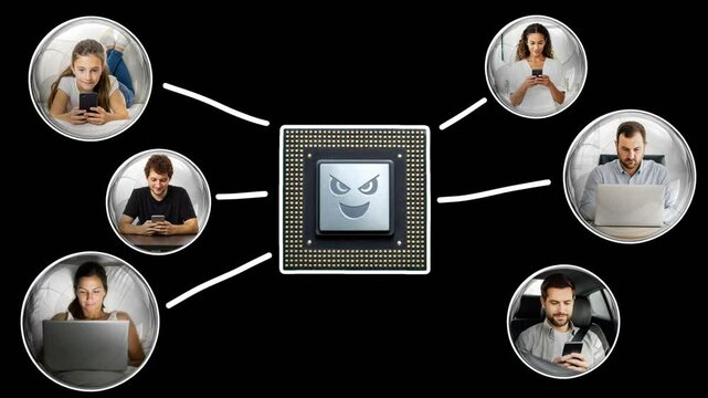 Evil AI controls all mobile devices of people who are separated inside their information bubbles. Concept of social isolation. Empty space for text. Smooth animation on transparent background