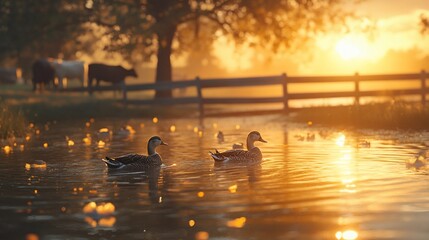 Ducks swim in pond, cows graze at dawn. Golden light over pasture