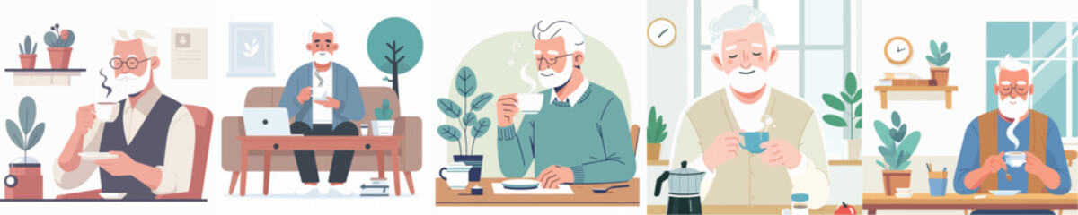 vector of a grandfather drinking coffee