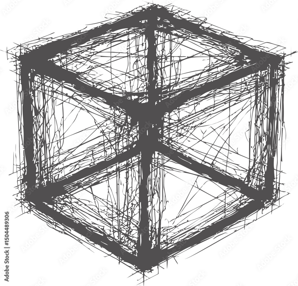 Aufkleber abstract chaotic sketch of a cube in black lines. vector illustration