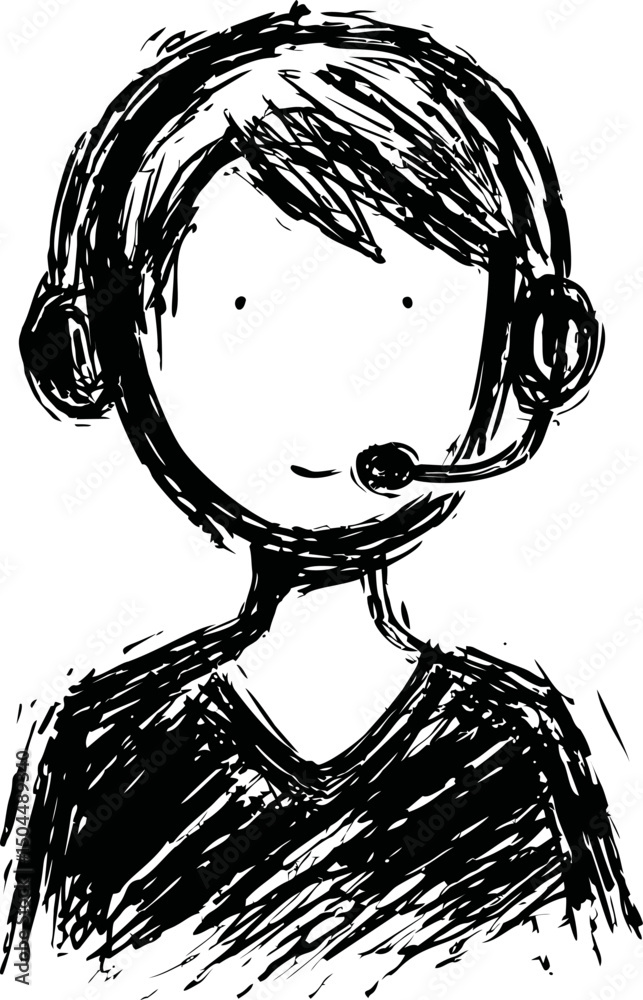 Poster Black and white sketch of a person with headset drawn in a simple style. Vector illustration