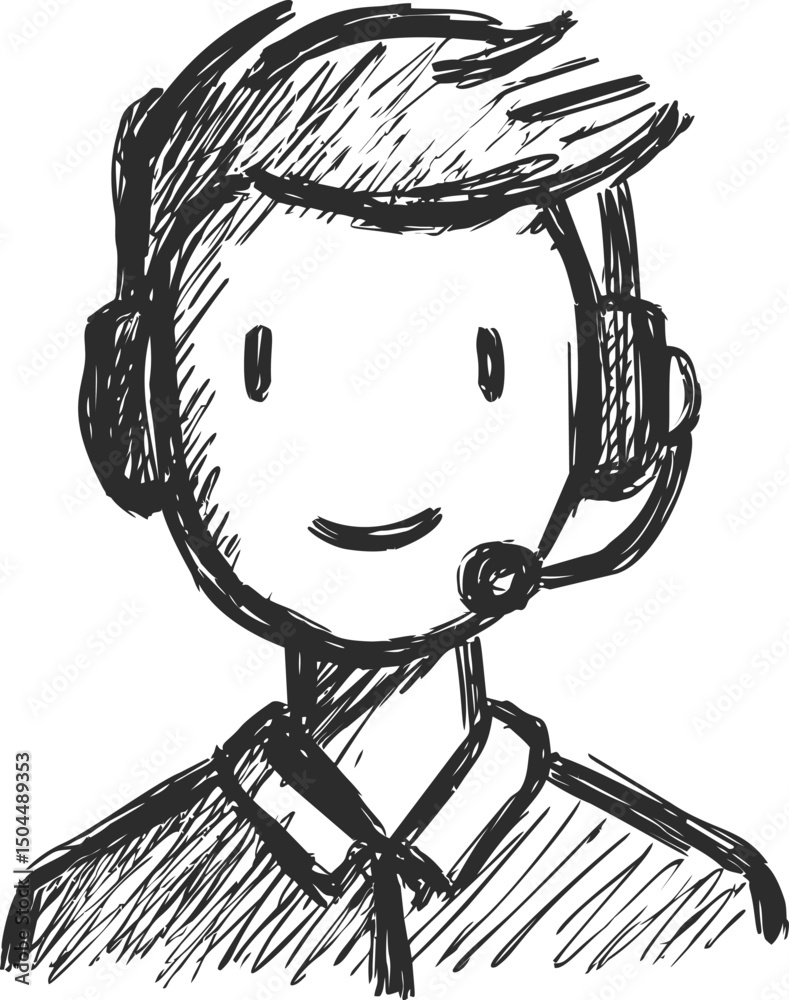Poster black and white sketch of a smiling call center agent wearing a headset. vector illustration