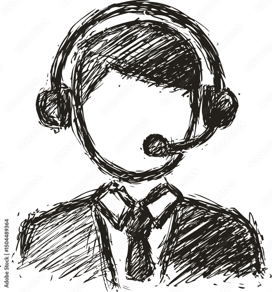 Poster sketch of a faceless person in suit with headset, concept of anonymous support. vector illustration