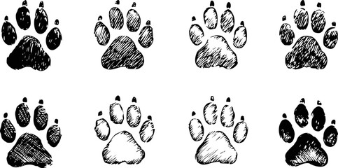 Fototapeta premium Black and white sketch of animal paw prints in a row. Vector illustration