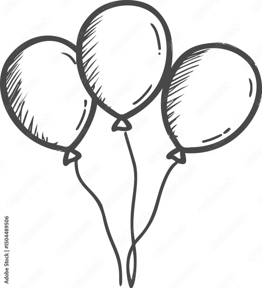Poster sketch of three simple balloons with outlines in black and white illustration. vector illustration