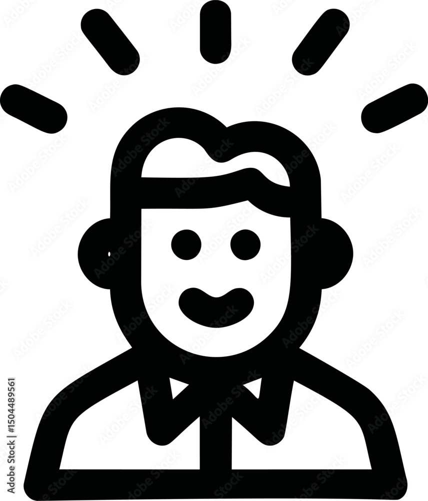Poster smiling stick figure in business attire with radiating lines indicating ideas. vector illustration