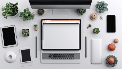 Modern Workspace Flat Lay with Tablet and Plants