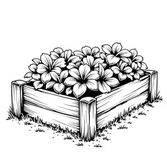 Raised Garden Bed with Blossoming Flowers in Line Art Style, Precision Drawing Concept