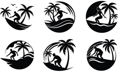 Surfer Crouching on Large Wave Silhouette Vector Set – Powerful Ocean Ride, Extreme Surfing Pose, Coastal Sport Scene, and Aquatic Action Moment