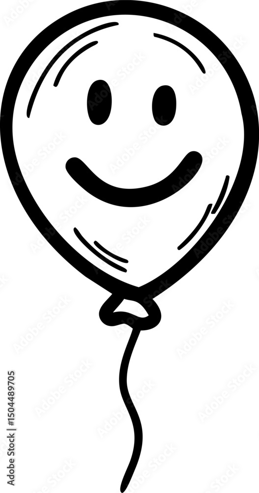 Poster simple black and white drawing of a smiling balloon with a string illustration. vector illustration
