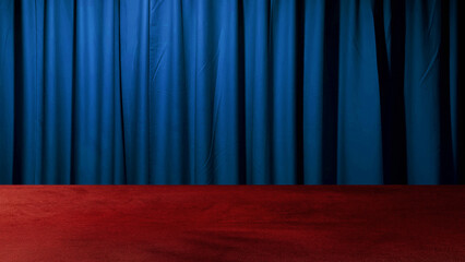 red velvet cloth table at foreground with blue drape curtains at background. modern background for...