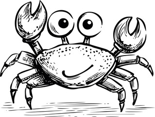 Fototapeta premium Smiling cartoon crab sketch with big eyes and claws in black and white. Vector illustration